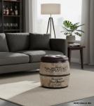 Wood Barrel Storage Stool w/ Leather Upholstered Top