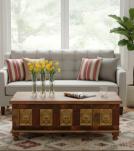SOLID RECLAIMED TEAK W/ BRASS FITTED BUDDHA CASTINGS TRUNK COFFEE TABLE BLANKET CHEST