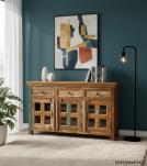 SOLID RECLAIMED TEAK WOOD & GLASS SIDEBOARD CABINET W/ 3 DRAWERS & 3 DOORS