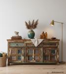 SOLID RECLAIMED TEAK WOOD & GLASS SIDEBOARD CABINET W/ 3 DRAWERS & 3 DOORS