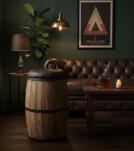 SOLID WOOD BARREL STORAGE STOOL W/ UPHOLSTERED LEATHER COVER