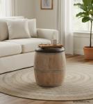 SOLID WOOD BARREL STORAGE STOOL W/ UPHOLSTERED LEATHER COVER