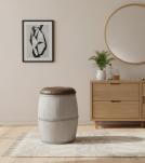 SOLID WOOD BARREL STORAGE STOOL W/ UPHOLSTERED LEATHER COVER