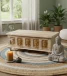 SOLID RECLAIMED TEAK W/ BRASS FITTED BUDDHA CASTINGS TRUNK COFFEE TABLE BLANKET CHEST