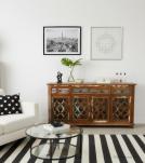 SOLID RECLAIMED TEAK WOOD & GLASS SIDEBOARD CABINET WITH 4 DRAWERS & 4 DOORS