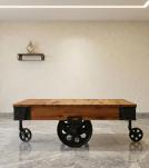 SOLID WOOD & IRON ROLLING CART COFFEE TABLE