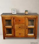 SOLID RECLAIMED TEAK WOOD & GLASS SIDEBOARD CABINET W/ 2 DOORS & 3 DRAWERS