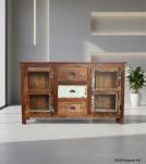 SOLID RECLAIMED TEAK WOOD & GLASS SIDEBOARD CONSOLE CABINET W/ 2 DOORS & 3 DRAWERS