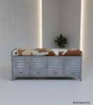 IRON LOCKER BENCH W/ LEATHER UPHOLSTERED SEAT