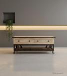 SOLID RECLAIMED TEAK WOOD & IRON COFFEE TABLE W/ 2 DRAWERS AND CASTERS