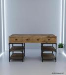 SOLID WOOD & IRON DESK W/ 3 DRAWERS & 4 SHELVES