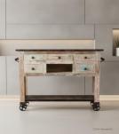 SOLID RECLAIMED TEAK WOOD CONSOLE ISLAND ON CASTERS W/ 5 DRAWERS