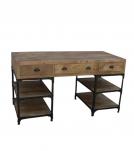 SOLID WOOD & IRON DESK W/ 3 DRAWERS & 4 SHELVES