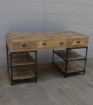 SOLID WOOD & IRON DESK W/ 3 DRAWERS & 4 SHELVES