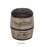 Wood Barrel Storage Stool w/ Leather Upholstered Top
