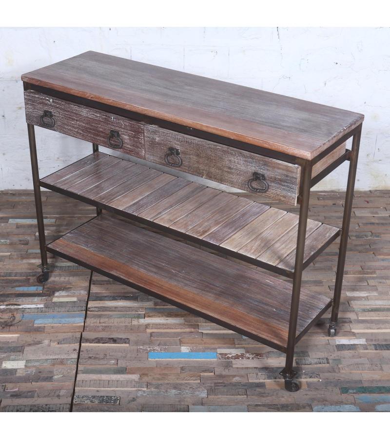 SOLID RECLAIMED TEAK WOOD & IRON 2 DRAWERS CONSOLE