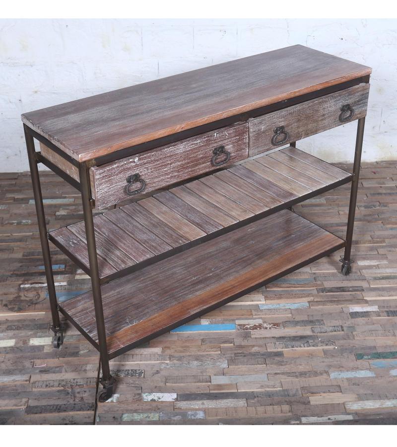 SOLID RECLAIMED TEAK WOOD & IRON 2 DRAWERS CONSOLE