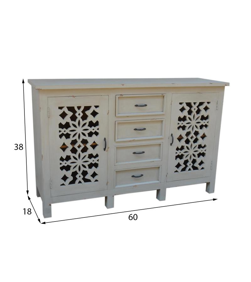 HAND CARVED SOLID WOOD SIDEBOARD W/ 2 DOORS & 4 DRAWERS