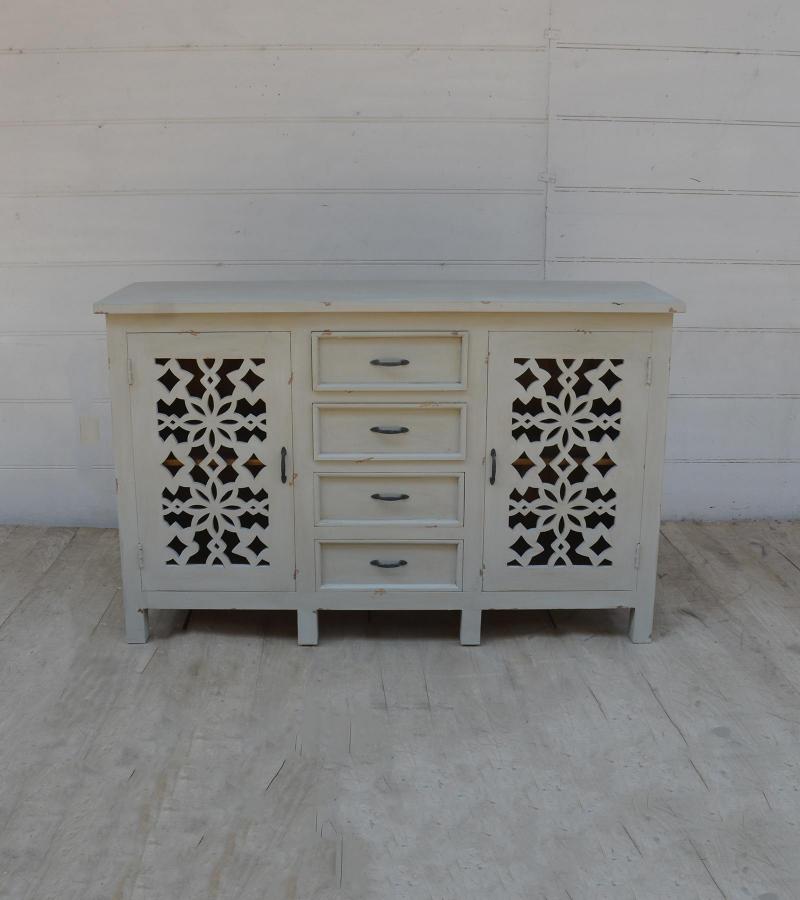 HAND CARVED SOLID WOOD SIDEBOARD W/ 2 DOORS & 4 DRAWERS