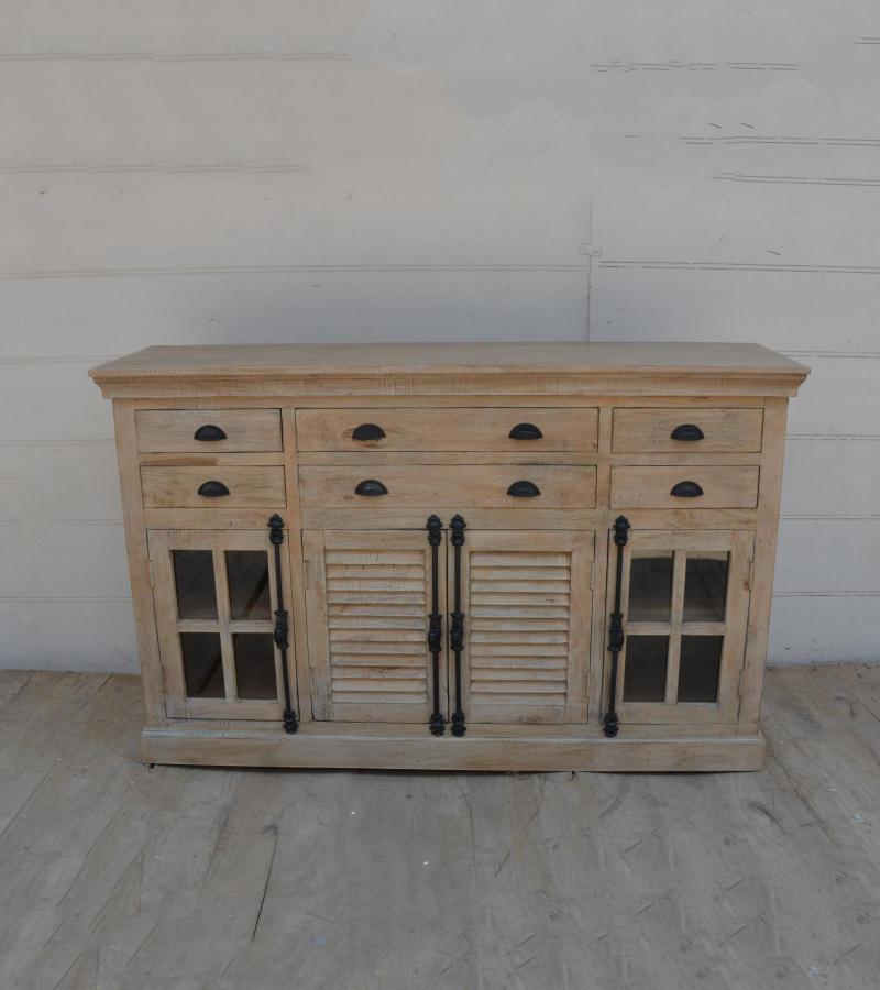 SOLID WOOD, GLASS & METAL SIDEBOARD W/ 8 DRAWERS & 4 DOORS