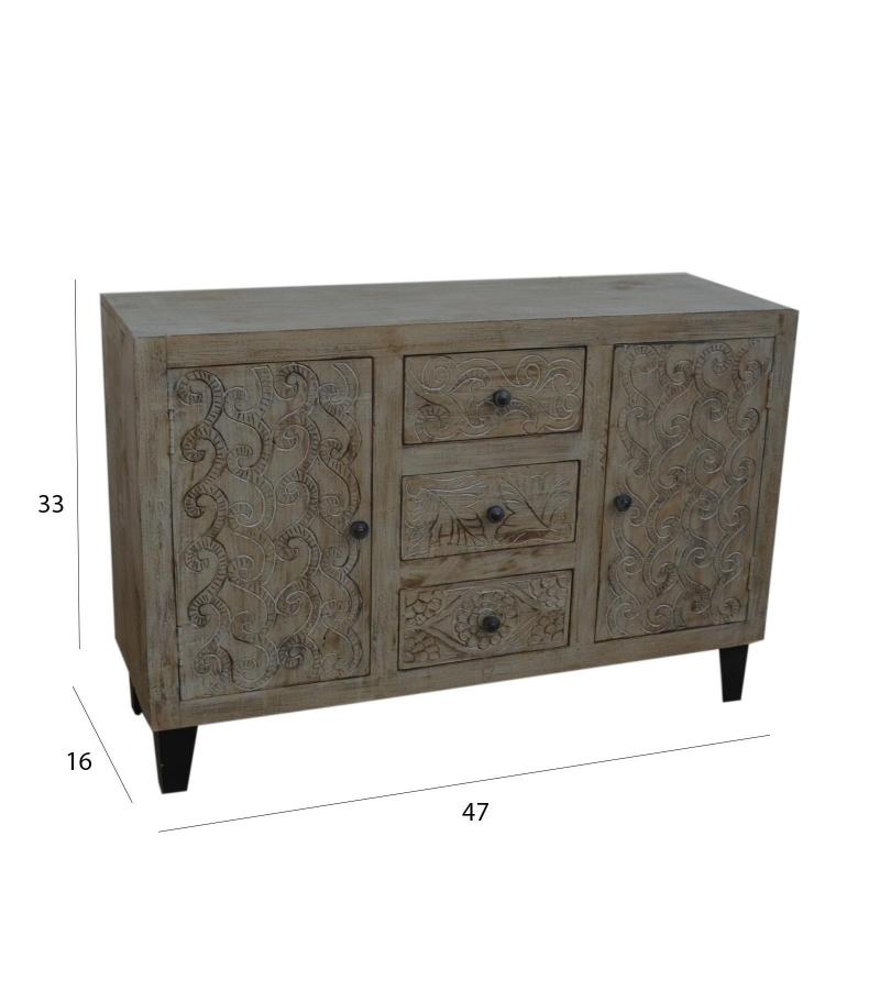 HAND CARVED SOLID WOOD  3 DRAWER & 2 DOOR SIDEBOARD