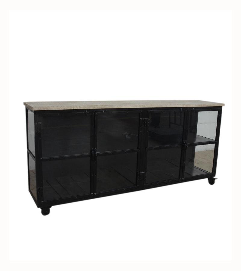 IRON & GLASS SIDEBOARD W/ SOLID WOOD TOP