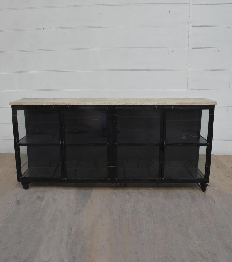 IRON & GLASS SIDEBOARD W/ SOLID WOOD TOP