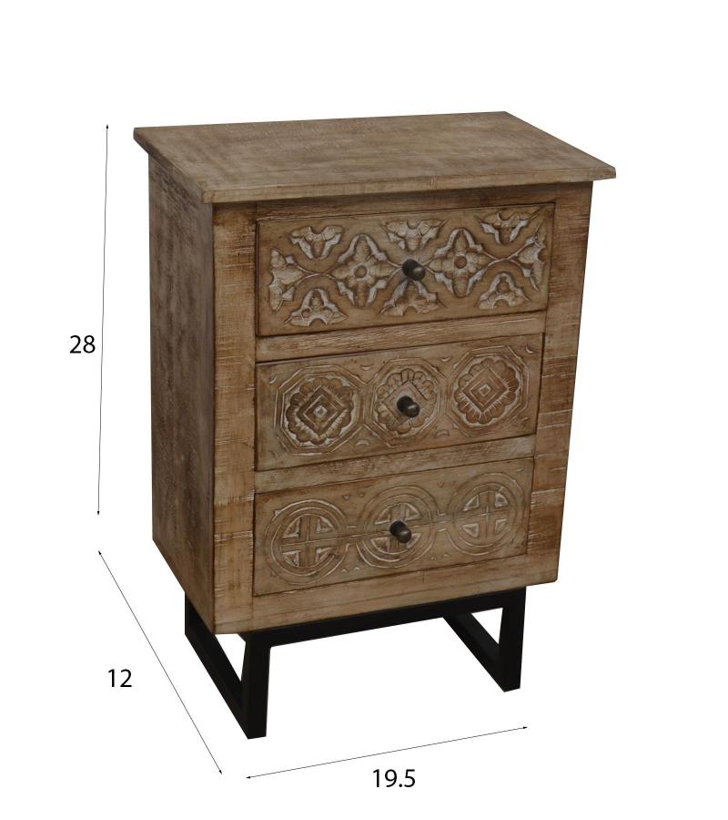 SOLID HAND CARVED WOOD 3 DRAWER NIGHTSTAND / END TABLE
