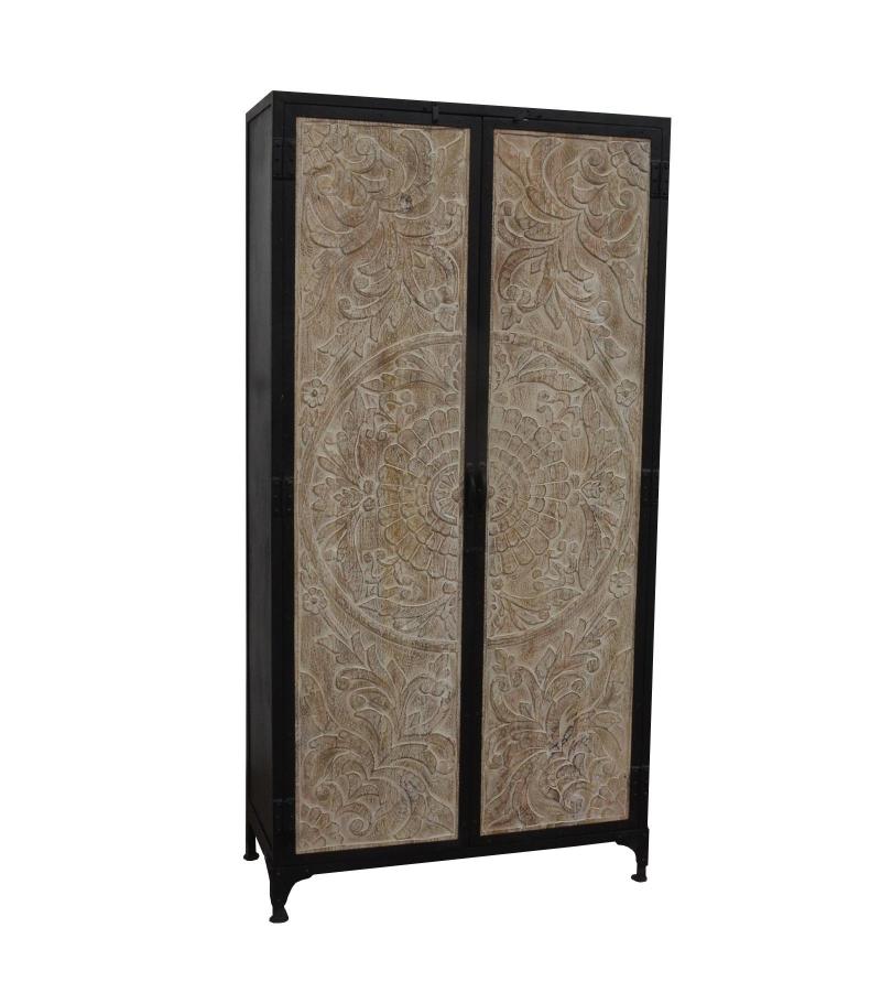 SOLID CARVED WOOD + METAL DOUBLE DOOR CABINET