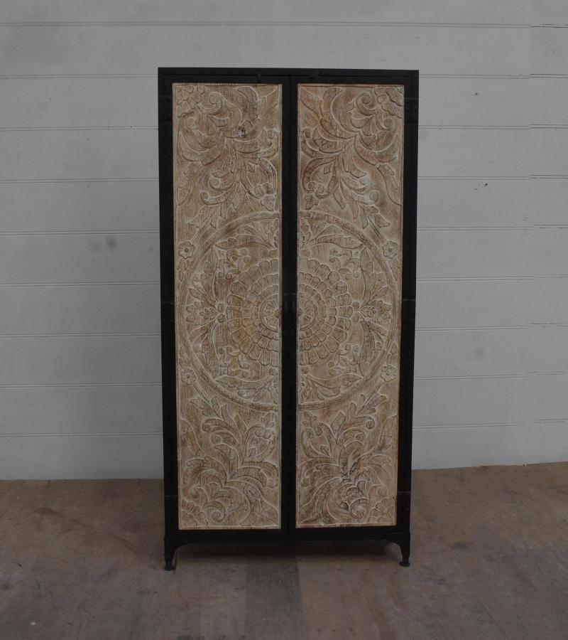 SOLID CARVED WOOD + METAL DOUBLE DOOR CABINET