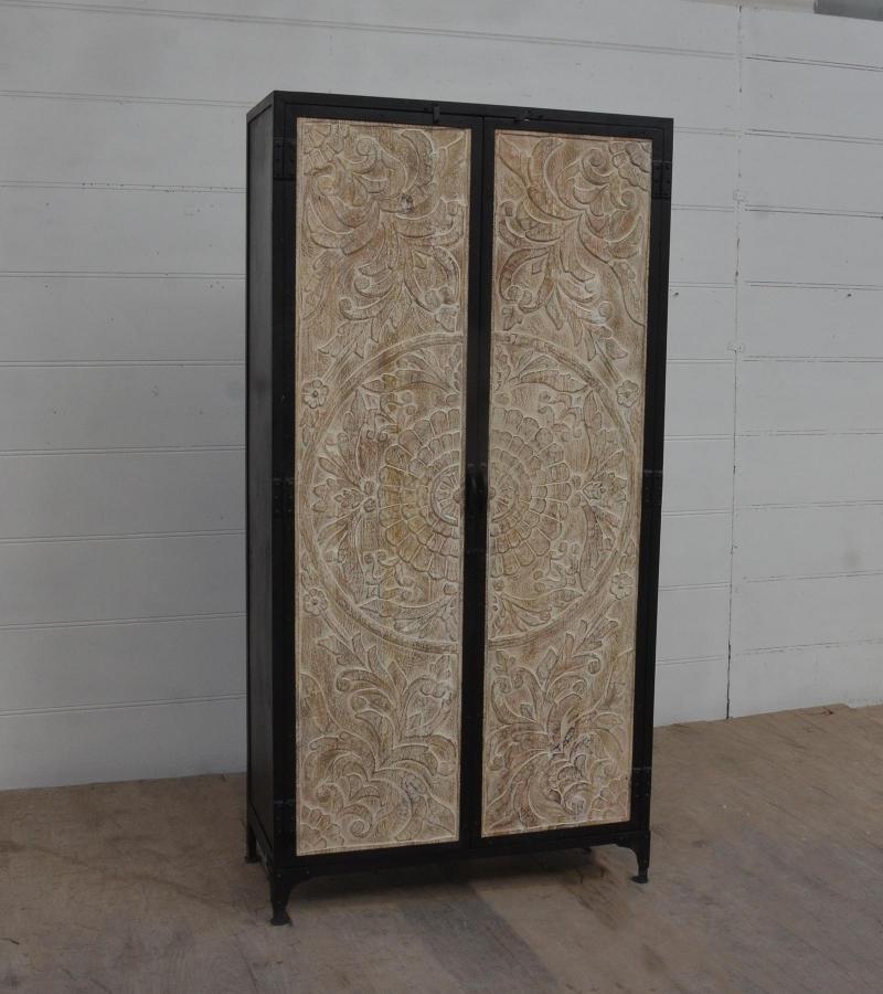 SOLID CARVED WOOD + METAL DOUBLE DOOR CABINET