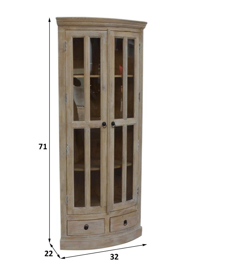 SOLID WOOD & GLASS CORNER CABINET W/ 2 DRAWERS