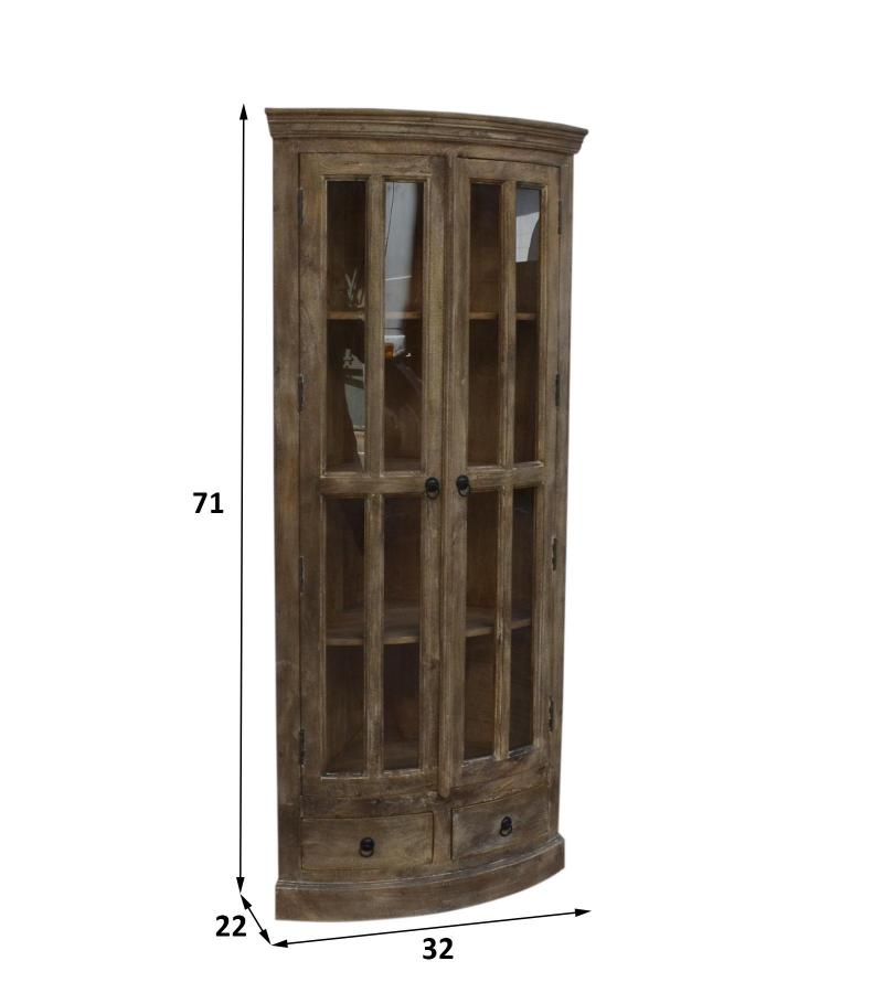SOLID WOOD & GLASS CORNER CABINET W/ 2 DRAWERS