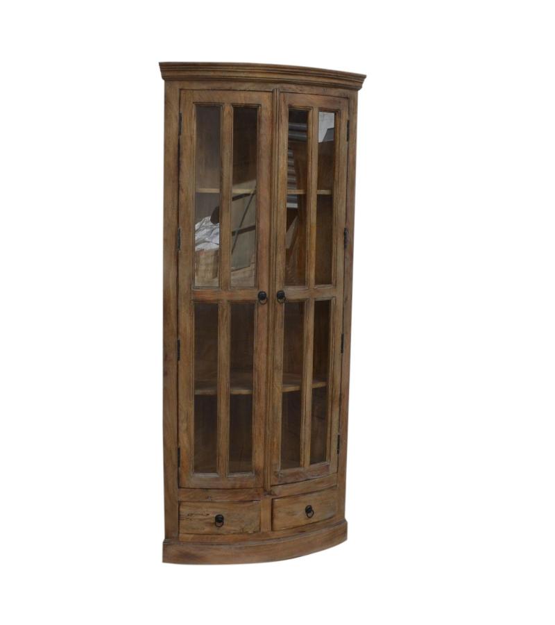 SOLID WOOD & GLASS CORNER CABINET W/ 2 DRAWERS