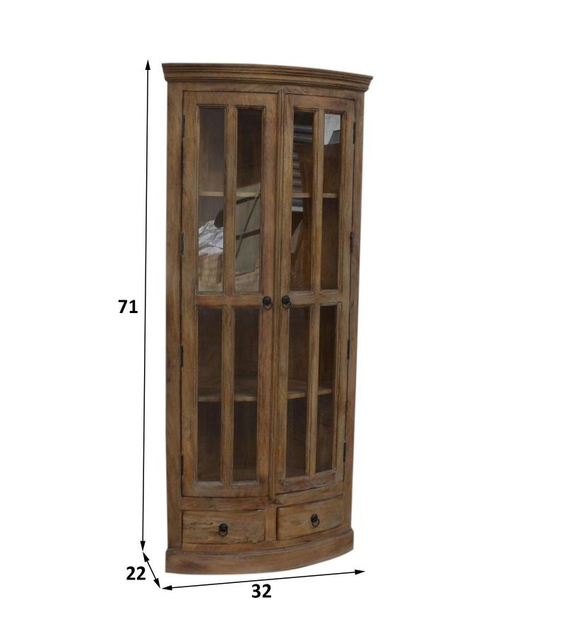 SOLID WOOD & GLASS CORNER CABINET W/ 2 DRAWERS