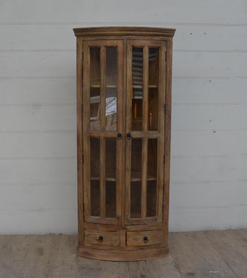 SOLID WOOD & GLASS CORNER CABINET W/ 2 DRAWERS