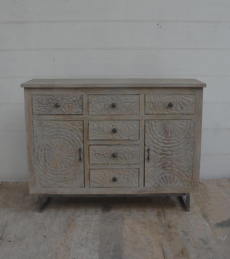 HAND CARVED SOLID WOOD 6 DRAWER & 2 DOOR SIDEBOARD