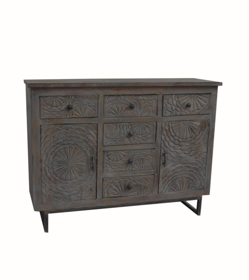 HAND CARVED SOLID WOOD 6 DRAWER & 2 DOOR SIDEBOARD