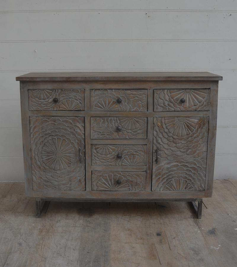 HAND CARVED SOLID WOOD 6 DRAWER & 2 DOOR SIDEBOARD