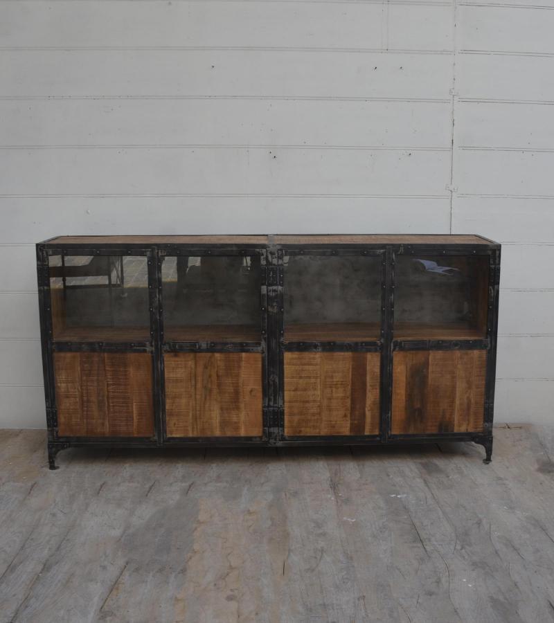 SOLID WOOD, IRON & GLASS SIDEBOARD