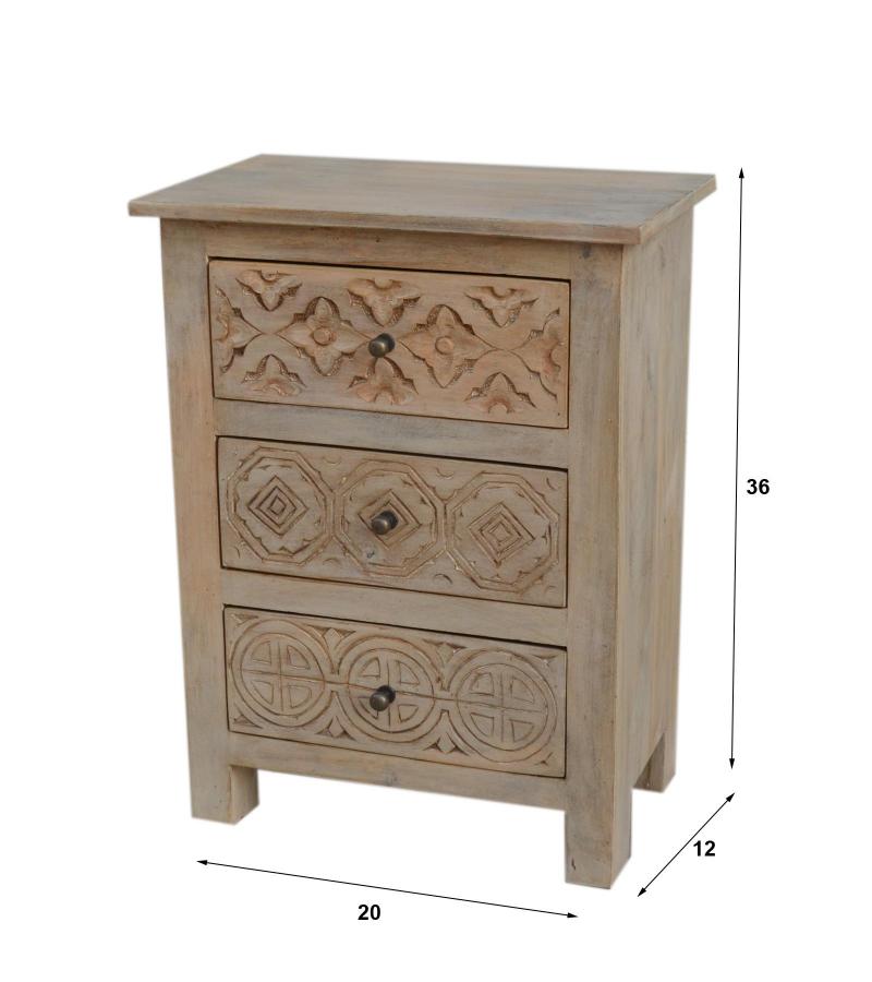 SOLID HAND CARVED WOOD NIGHTSTAND / END TABLE 3 DRAWERS
