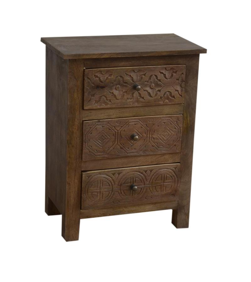 SOLID HAND CARVED WOOD NIGHTSTAND / END TABLE 3 DRAWERS