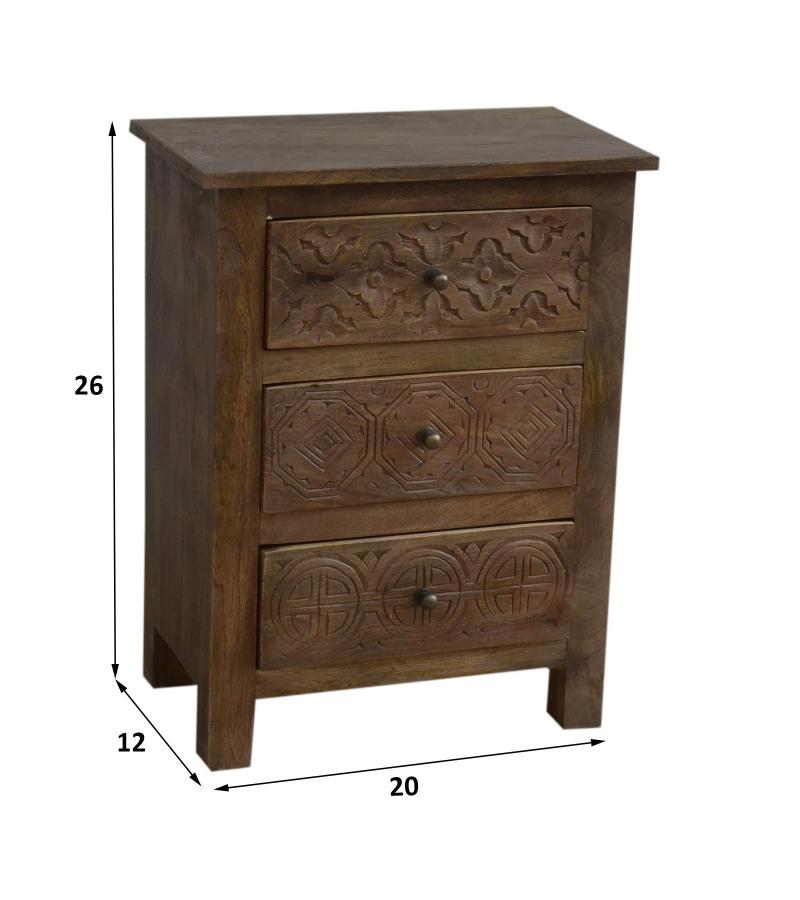 SOLID HAND CARVED WOOD NIGHTSTAND / END TABLE 3 DRAWERS