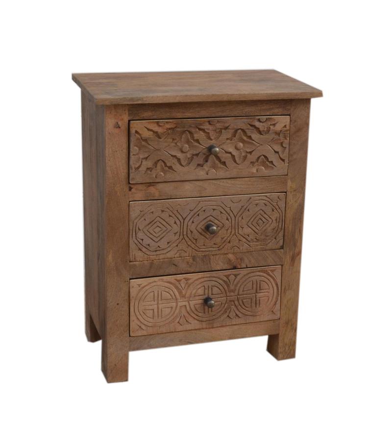 SOLID HAND CARVED WOOD NIGHTSTAND / END TABLE 3 DRAWERS