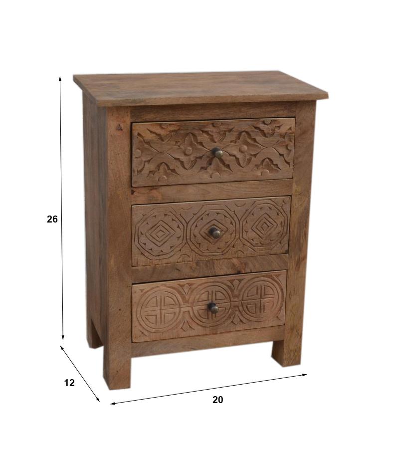 SOLID HAND CARVED WOOD NIGHTSTAND / END TABLE 3 DRAWERS