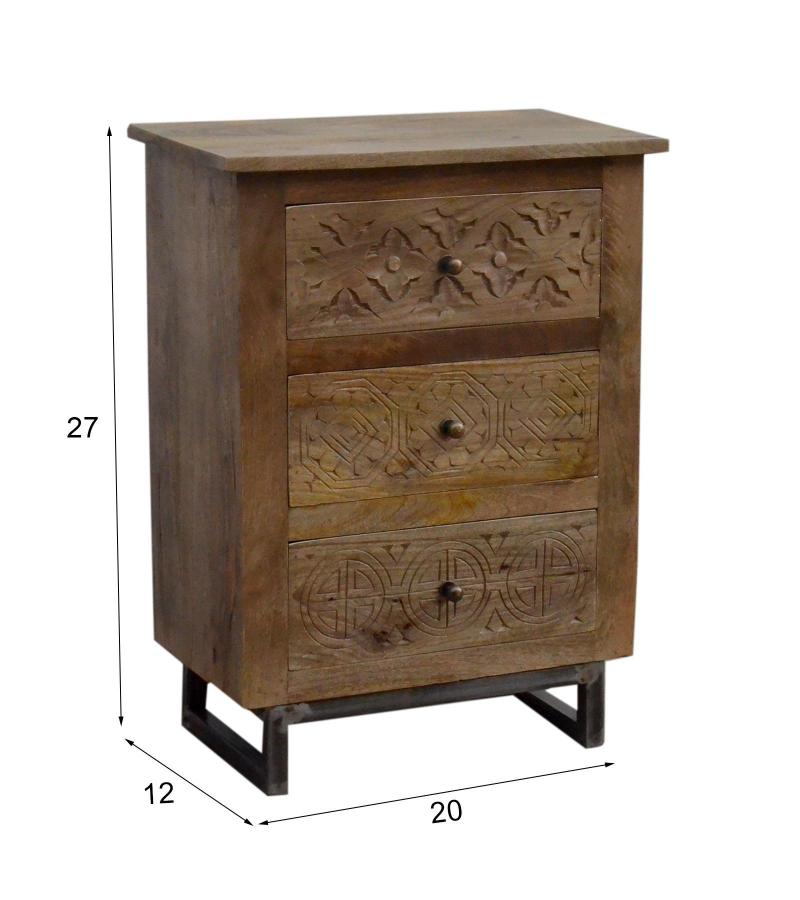 SOLID WOOD HAND CARVED 3 DRAWER END TABLE / NIGHTSTAND