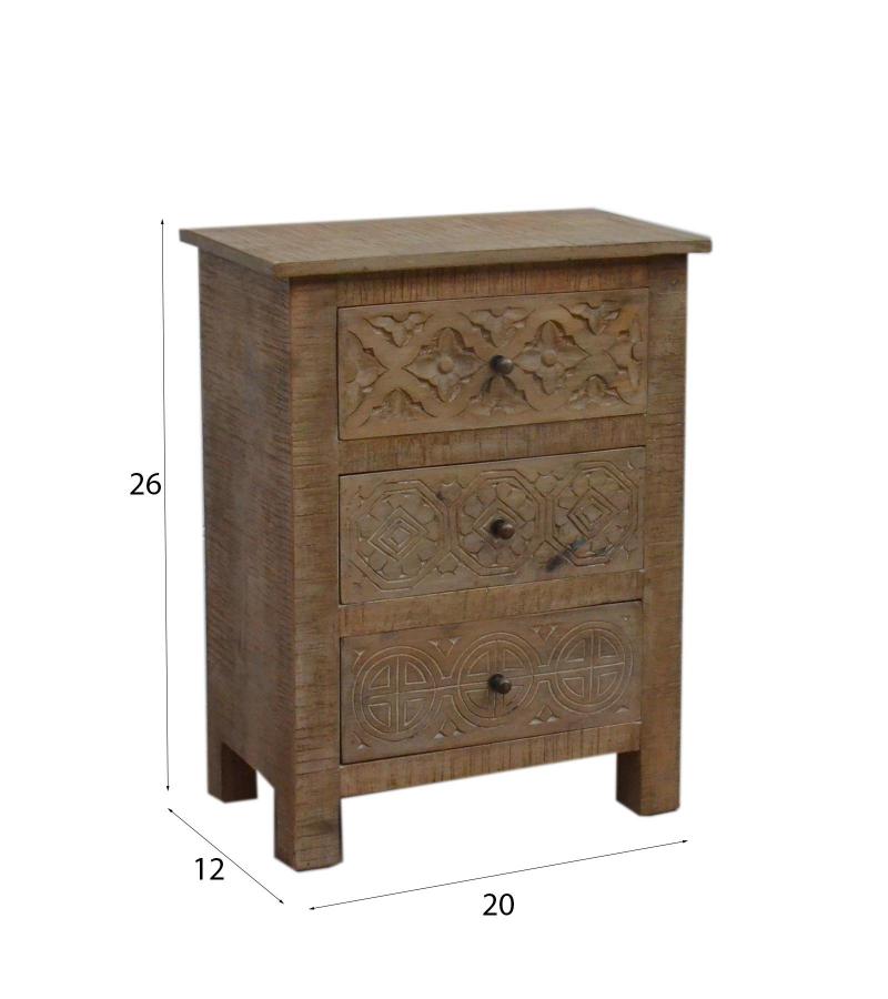 SOLID HAND CARVED WOOD NIGHTSTAND / END TABLE 3 DRAWERS