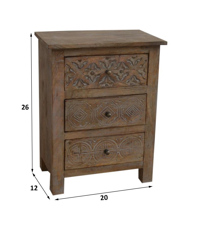 SOLID HAND CARVED WOOD NIGHTSTAND / END TABLE 3 DRAWERS