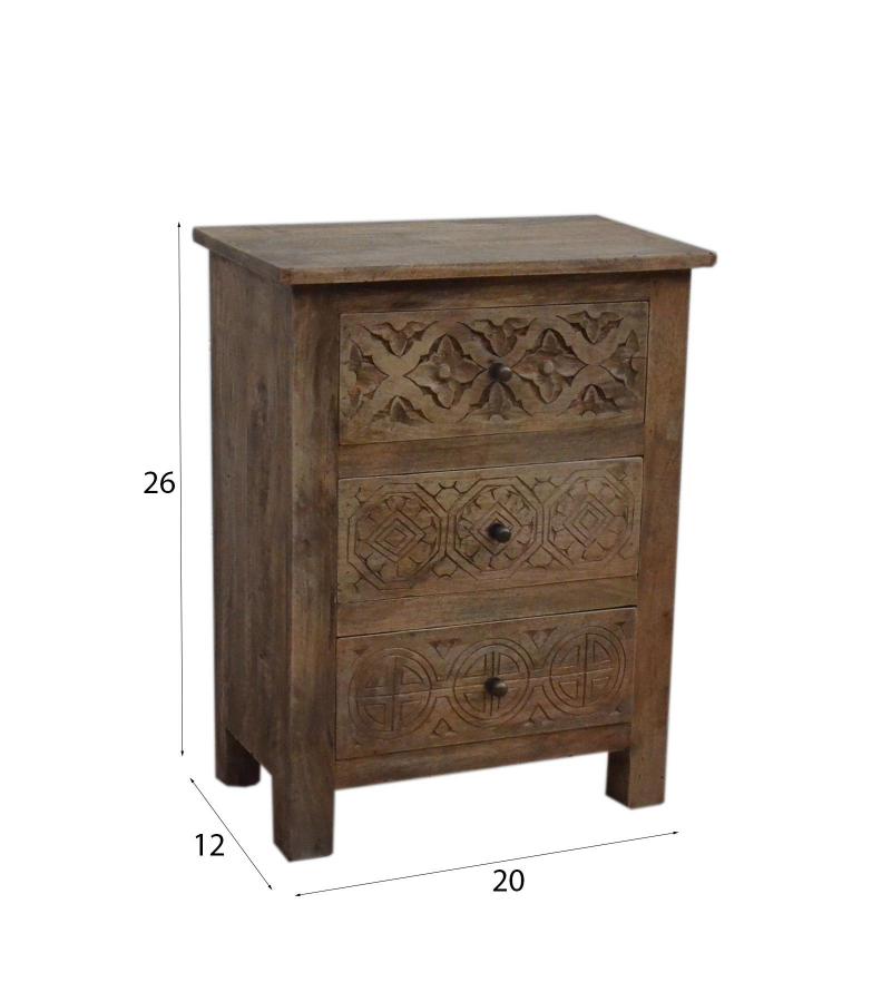 SOLID HAND CARVED WOOD NIGHTSTAND / END TABLE 3 DRAWERS