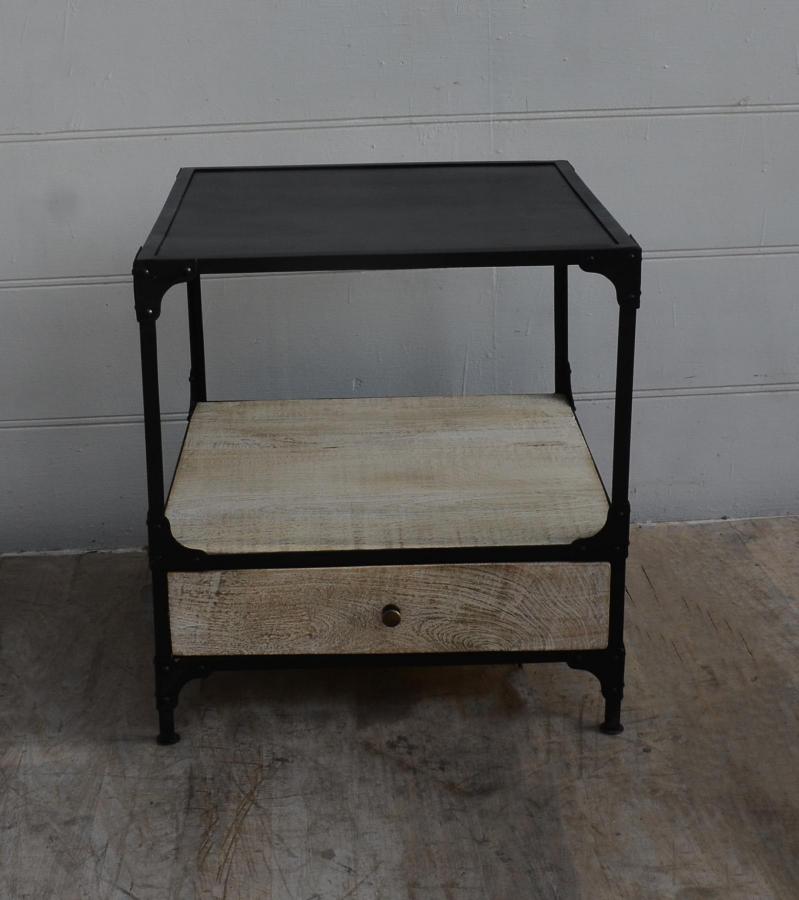 SOLID WOOD & IRON 1 DRAWER END TABLE NIGHTSTAND